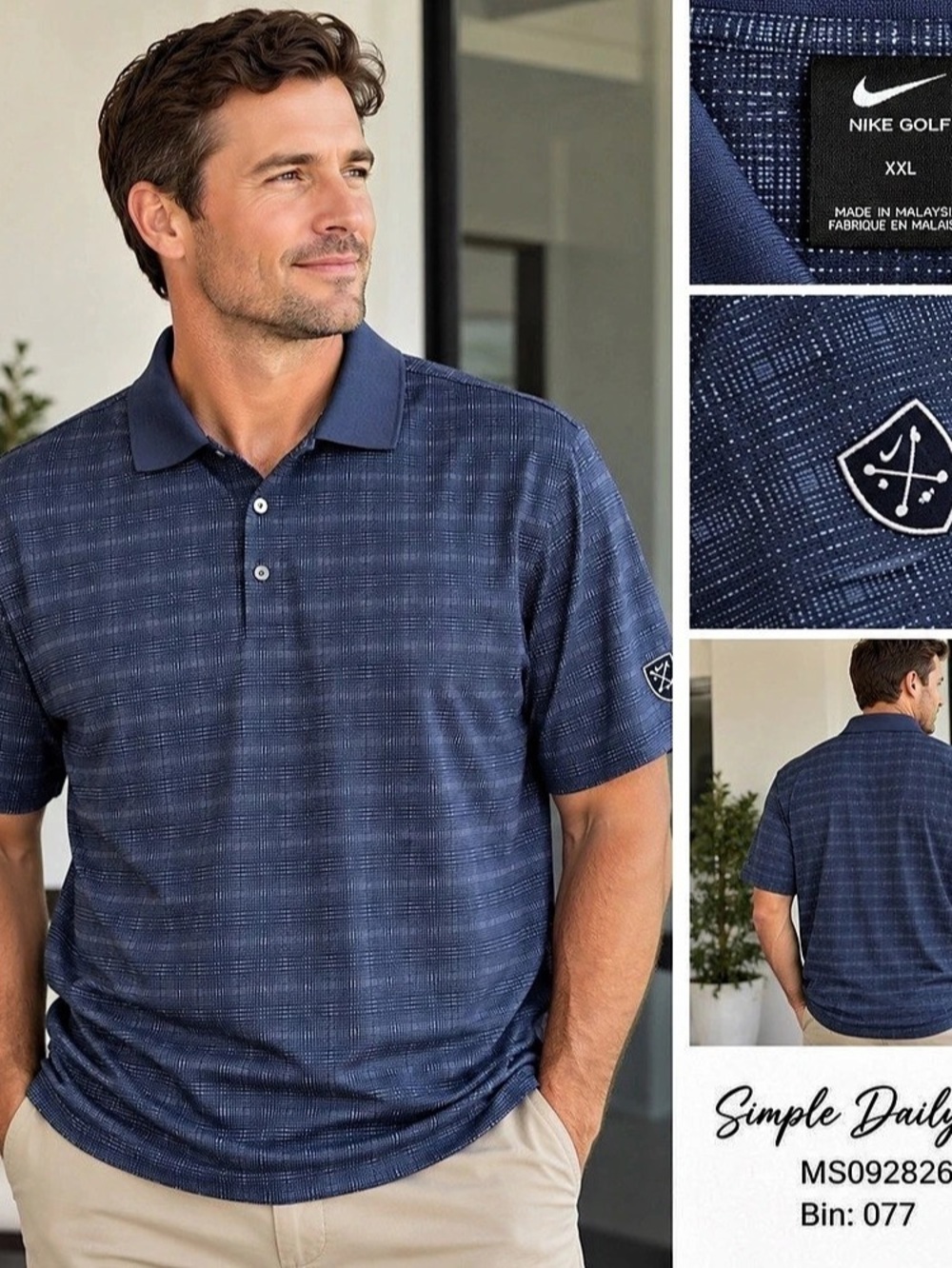 Nike Golf Men’s XXL Navy Micro Plaid Cotton Polo Embroidered Crest